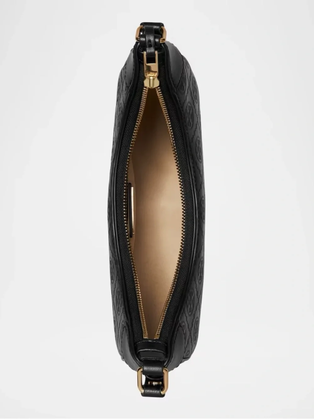 Tory Burch Black Embossed Crescent Shoulder Bag with Gold Hardware